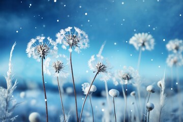 dandelion flowers covered with frost in the snow in the winter season, close view, dark background of nature