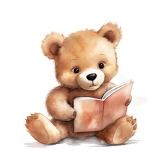 Fototapeta premium Cute baby bear cub character reading book watercolor illustration for children book.