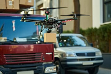 Drone delivery package parcel services. Tech integration data protection and security transport flight. Global positioning systems efficient air navigation,sustainable and secure future of logistics