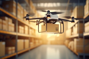 Future of mobility futuristic drone technology, retail trade delivery services. AIX (Artificial Intelligence Experience) innovation. Logistics efficient environment friendly package delivery amenity.