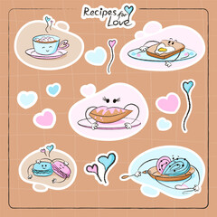Cute characters stickers set of bread, macaron, donuts, spaghetti, coffee cup for Valentine's day. Best for postcard, stickers and more designs