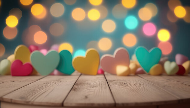 Valentines day background with hearts on wooden background, isolated on blurred bokeh heart light shape background - Powered by Adobe