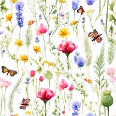 Seamless Pattern of Flowers and Butterflies on a White Background