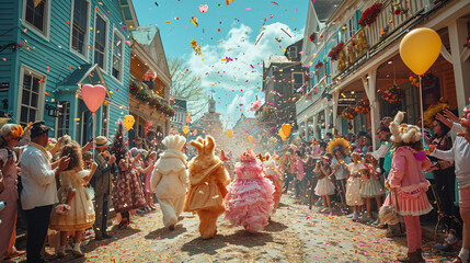 Lively Easter parade on a small town street with confetti and balloons. Community celebration and joyful holiday concept for event photography
