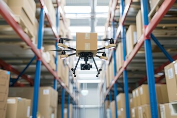 Fototapeta na wymiar Future of mobility futuristic drone technology, retail trade delivery services. AIX (Artificial Intelligence Experience) innovation. Logistics efficient environment friendly package delivery amenity.