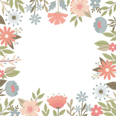 Spring summer square frame with flowers and twigs with copy space in the center. Simple plants, kids drawing for templates, postcards, flyers and designs vector.