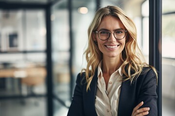 A professional in an office environment, exuding confidence with a genuine smile directed at the camera generative ai