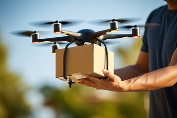 Future of mobility futuristic drone technology, retail trade delivery services. AIX (Artificial Intelligence Experience) innovation. Logistics efficient environment friendly package delivery amenity.