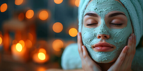 Woman with a facial green clay mask in a spa environment. Close-up portrait with bokeh lights. Spa...