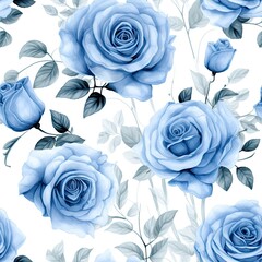 Seamless Blue Rose Pattern on White Background