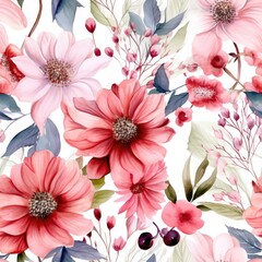 Watercolor Painting of Pink Flowers on White Background