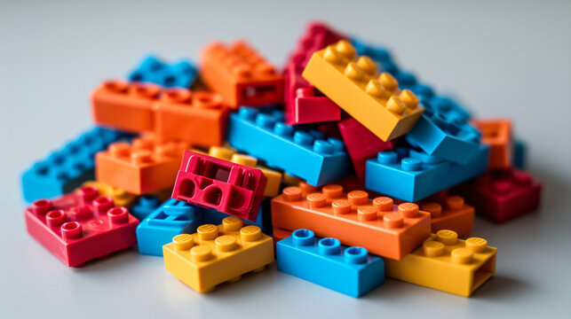Pile of colorful Lego building blocks on a white background
