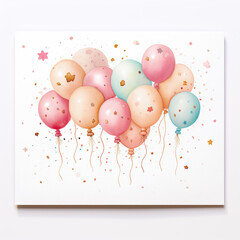  illustration of pastel multicolor watercolor balloons card  , birthday , anniversary, baby shower 