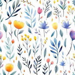 Watercolor Painting of Flowers and Leaves on White Background