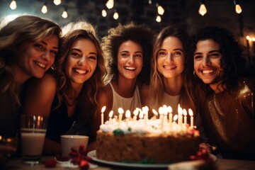 Joyful Friends Celebrating Birthday with Cake and Candles