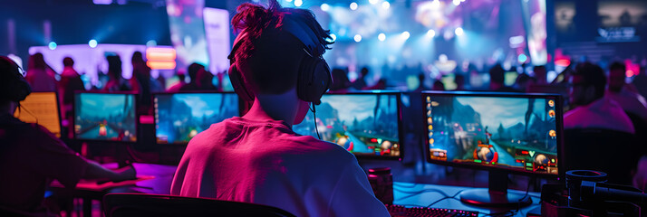 World region gaming expo, gaming industry event or gaming competition amusement, with many live-action players hand-edited generative