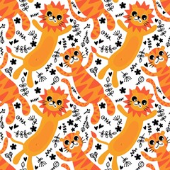 Summer cartoon animals seamless lion and tiger pattern for wrapping paper and fabrics and kids party accessories