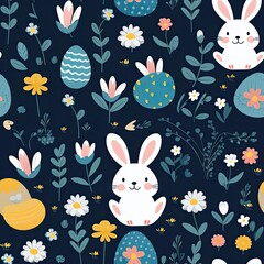Blue Background With White Rabbits and Flowers
