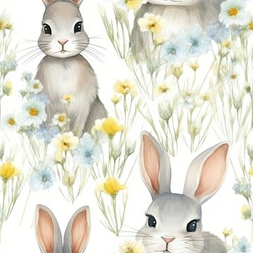 Watercolor Painting of Rabbits and Flowers