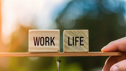 Work and Life Balance Concept with Wooden Seesaw. - obrazy, fototapety, plakaty