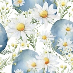 Watercolor Painting of White Daisies and Blue Eggs