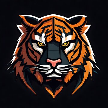 A sleek, flat vector logo of a fierce tiger, designed with bold colors and clean lines, creating a captivating image isolated on a solid black background.