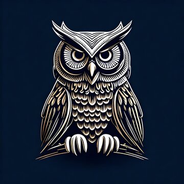 A striking flat vector logo of a wise owl, intricately detailed and captured in HD, set against a solid navy background for a modern and minimalistic feel. Isolated on navy solid background.