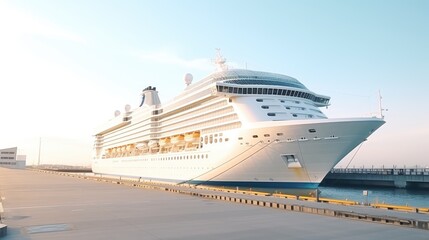 A modern, white cruise ship near the pier, side view. Travel and vacation