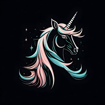 An alluring, flat vector logo of a mystical unicorn, adorned with subtle colors and clean lines, creating a simple yet enchanting image isolated on a solid black background.