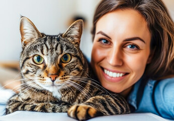 Smiling Woman with Her Tabby Cat
