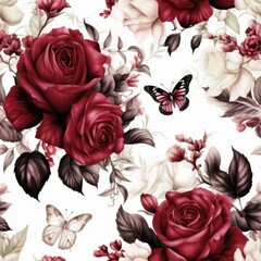 Verdunkelungsvorhänge Red Roses and Butterfly on White Background - Seamless Pattern for Various Uses