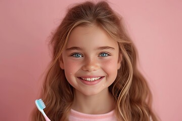 Happy smiling child kid girl brushing teeth with toothbrush on pink background. Health care, dental hygiene. Mockup, copy space