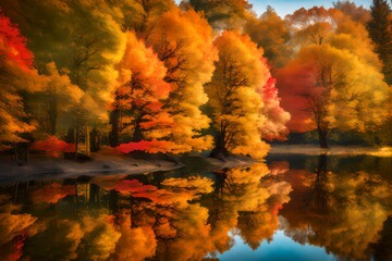 Colorful foliage tree reflections in calm pond water on a beautiful autumn day