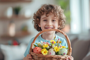 A delighted little child holds a basket of Easter eggs, wearing a headband with bunny ears, embodying the joy of spring