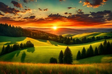 Sunset scenery on a green field with forests and hills on the horizon and the sky painted in gorgeous dramatic and emotional colors