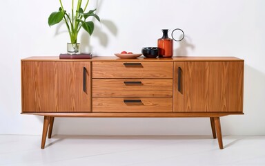 mid-century modern sideboard against a pristine white background