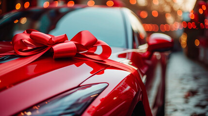 red car with a bow gift. Selective focus. - obrazy, fototapety, plakaty