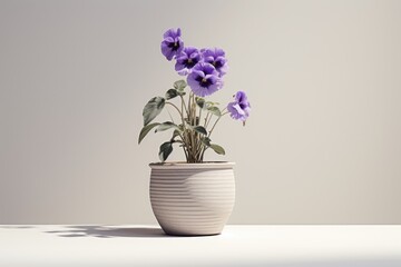 Plant in pot stand on table. White wall background.