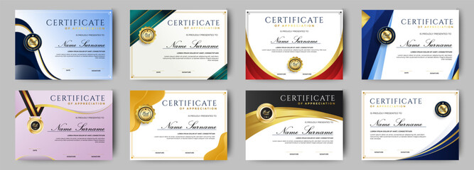 Certificates of completion template with luxury badge and modern line and shapes. Horizontal certificate For award, business, and education needs. Diploma vector template	 - obrazy, fototapety, plakaty