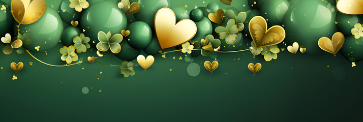St. Patrick's Day card with Irish colored balloons on a green background, confetti and clover with gold coins, space for text. Banner. - obrazy, fototapety, plakaty