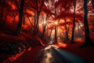 Road in beautiful red forest at sunrise in autumn in Plitvice lakes, Croatia
