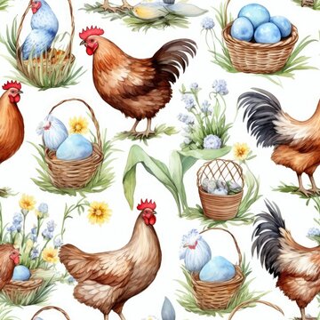 Watercolor Painting of Chickens and Eggs