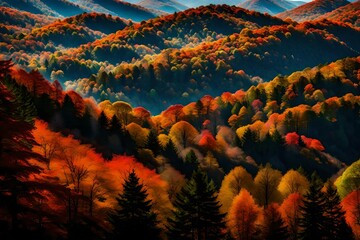 Rolling hills covered in autumn treetops during a vibrant wispy blue sky in the Smokey Mountain national park in Tennessee