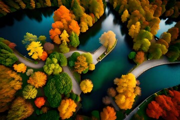 Aerial view on footpath by the beautiful blue lake. Trees are in autumn colours.