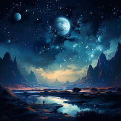 Fototapeta premium Fantasy landscape with mountains, lake and night sky. Vector illustration
