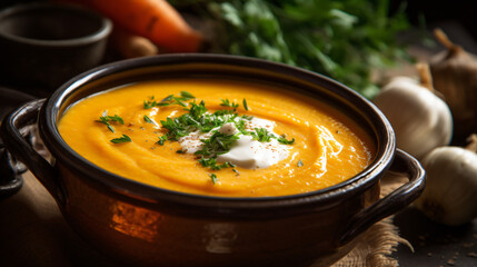 Pumpkin and carrot soup puree with cream