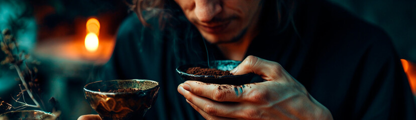Fortune telling on coffee grounds. Selective focus. - obrazy, fototapety, plakaty