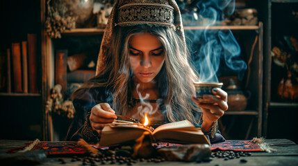 Fortune telling on coffee grounds. Selective focus. - obrazy, fototapety, plakaty