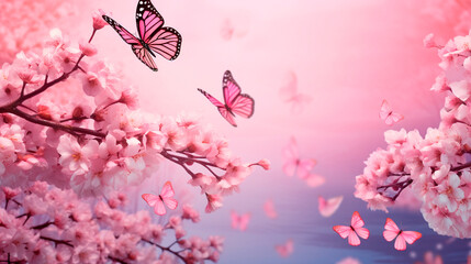 Butterflies against the background of cherry blossoms. Selective focus.