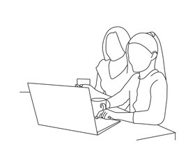 Vector drawing of woman using laptop continuous line art